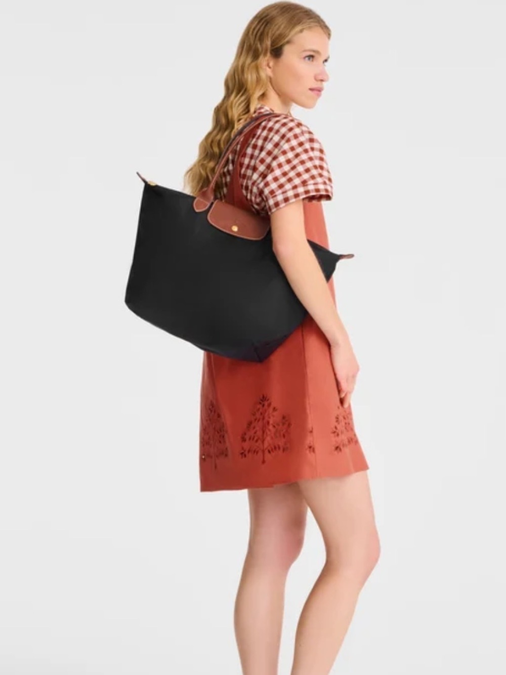 Longchamp Black Le Pliage Original Tote with Brown Leather Trim